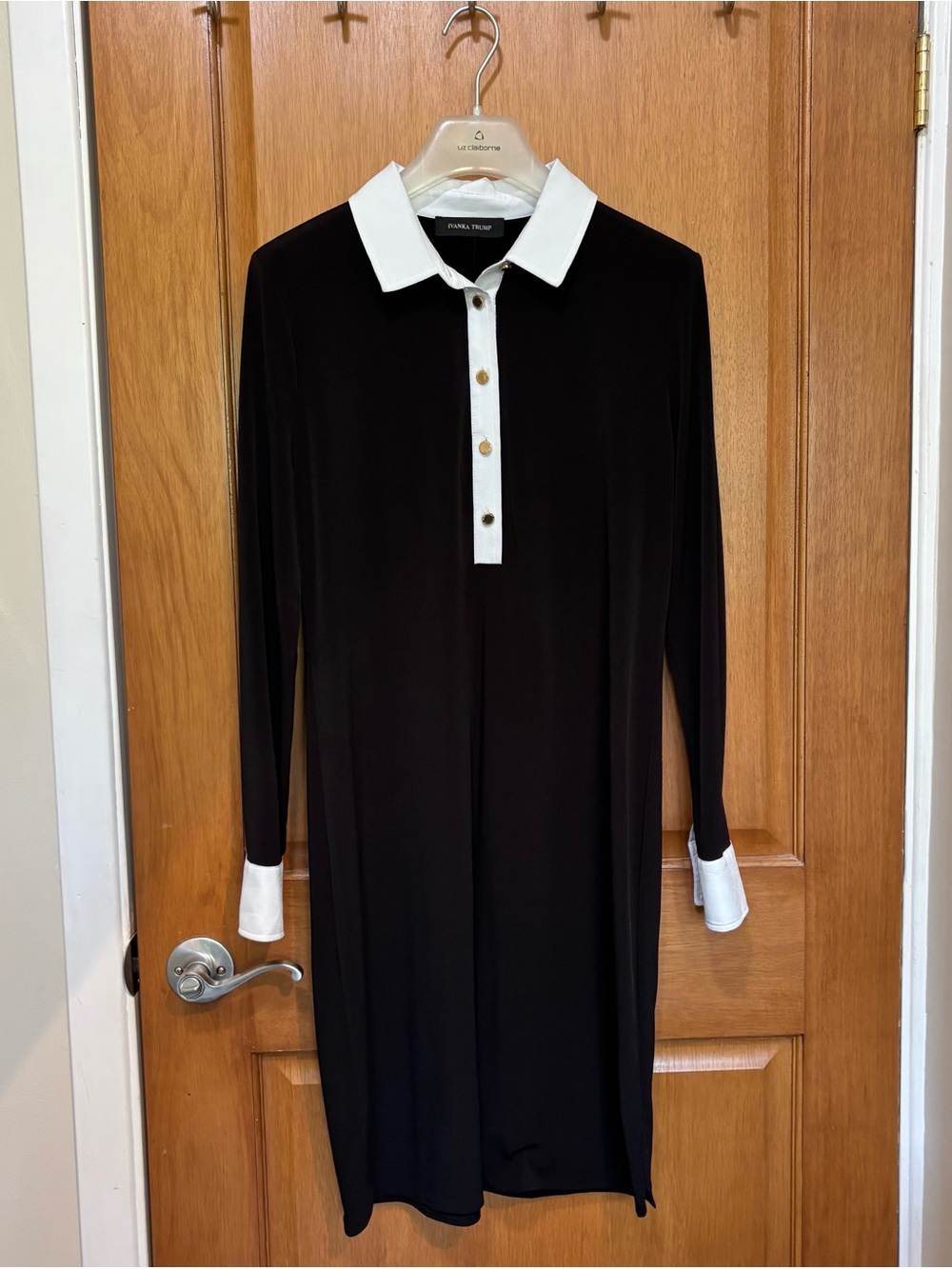 Black Long Sleeve Polo Dress with White Collar & Cuffs
